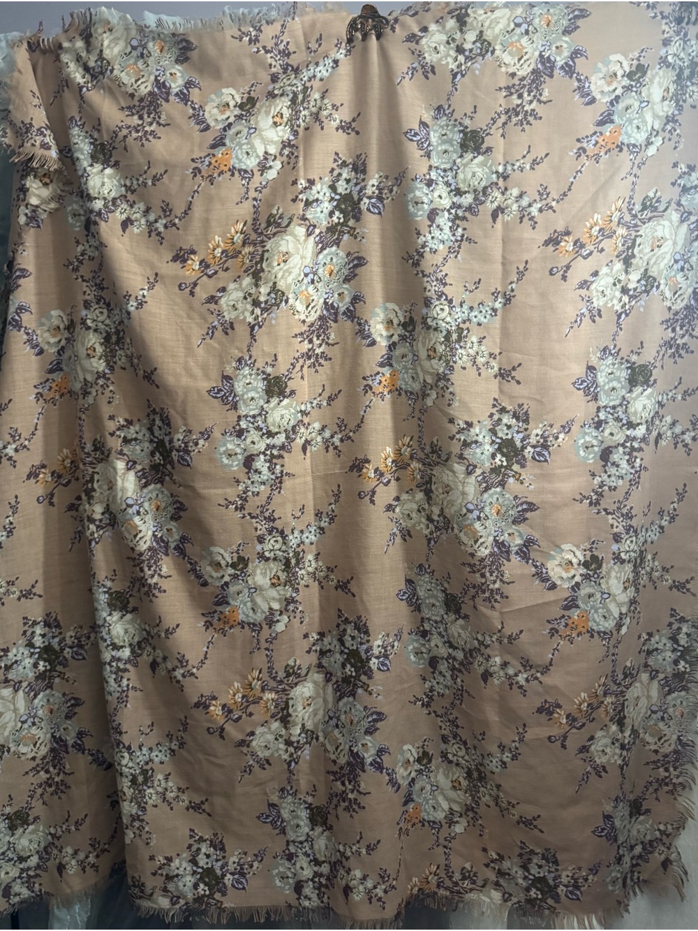 Floral Cotton Scarf/Wrap in Taupe with Blue Accents